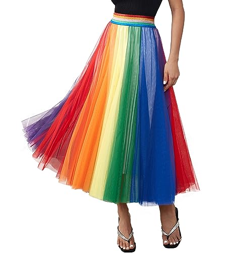 Damen Tüllröcke Midi Elastische Hohe Taille Plissee Mesh Flowy A-Linie Party Lange Tutu Röcke…, 232232 Dark Rainbow, X-Groß von Mliyasan