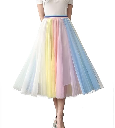 Damen Tüllröcke Midi Elastische Hohe Taille Plissee Mesh Flowy A-Linie Party Lange Tutu Röcke…, 232232 Linght Regenbogen, X-Groß von Mliyasan