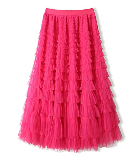 Mliyasan Damen 18 Lagen Rüschen Tüllrock Plissee Hohe Taille Flauschiger Maxirock Fee Kuchen Kleid Lang Tutu Party Rock, Rosarot, Mittel von Mliyasan