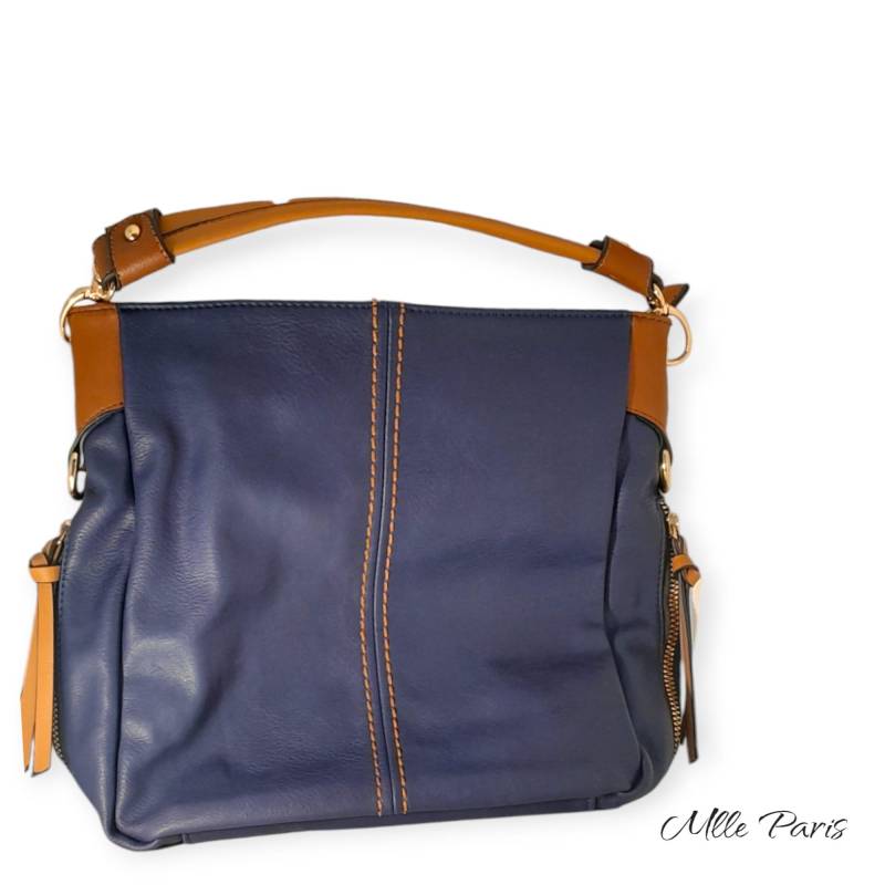Schicke Zweifarbige Blau-Braune Couture-Handtasche Mit Verschluss Und Quasten An Den Seiten, Damen-Lederwaren-Accessoire von MlleParis