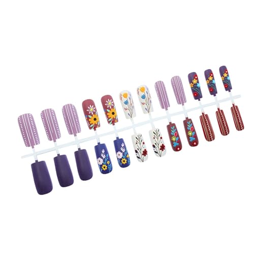 24 Stcs Sarg Press Auf Nägel Mattes Finish Mit Farbenfrohen Blumenkonstruktionen Und Weißer Streifen Falsche Nägel Für Frauen Und Mädchen Farbenfrohen Blumennagel von Mllepjdh
