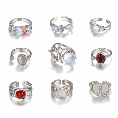 Mllepjdh 9pcs Elegante Mondsteinringe Kollektion Für Frauen Und Teenager Unregelmäßige Edelsteine ​​Eröffnung Ringe Einzigartiger Schmuck Geschenk Open von Mllepjdh
