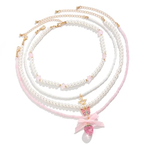 Mllepjdh Zartes Erdbeer-Halsketten-Set mit Imitationsperlen in Charm-Optik, geeignet für versch, 5.07x7.8in, Imitation Perle + Reisperlen + Acryl + Gurtband + Legierung Tropfen Öl von Mllepjdh