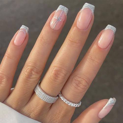 Weihnachten Glitzernde Französische Falsche Acrylnägel Mit Schneeflocken Designs Winter Künstliche Nägel Kunst Für Frauen 24pcs Stylische Nageldesigns von Mllepjdh