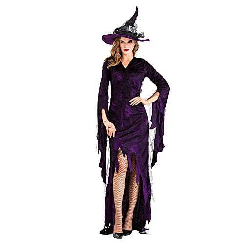 Mllkcao Hexenkostüm Halloween Kostüm Damen Hexen Cosplay Outfits Sexy Lila Irregulär Kleider mit Witch Hut Faschingskostüme von Mllkcao
