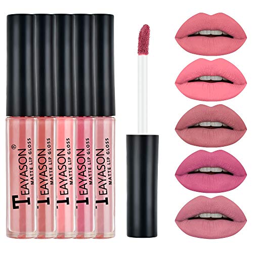 Rose Mist Lipgloss Set 5 Farben Nude Matt Wasserdicht Hochpigmentiert Antihaft Cup Flüssiger Lippenstift Set Geschenke für Frauen Mädchen von Mllkcao