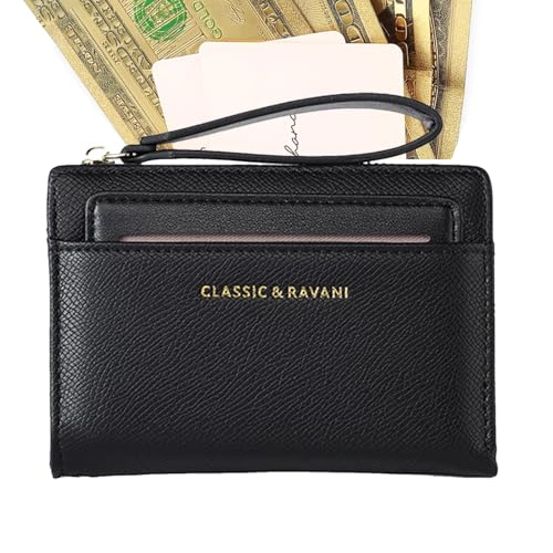 Mlllokfki Geldbörse mit Reißverschluss mit Handschlaufe, Münzfach mit Reißverschluss für Damen - Multifunktionaler Kartenhalter - Kurzes Münzfach Design mit großer Kapazität, Schwarz, von Mlllokfki