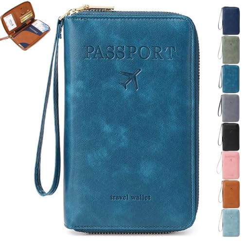 Mlthcig Rowgins RFID Passport Holder for Travel, Multi-Functional RFID Passport Wallet Women Men Anti Theft Leather Pouch Waterproof Purse with Safe Zipper for Credit Cards, Tickets(Blue) von Mlthcig