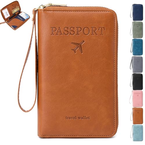 Mlthcig Rowgins RFID Passport Holder for Travel, Multi-Functional RFID Passport Wallet Women Men Anti Theft Leather Pouch Waterproof Purse with Safe Zipper for Credit Cards, Tickets(Braun) von Mlthcig
