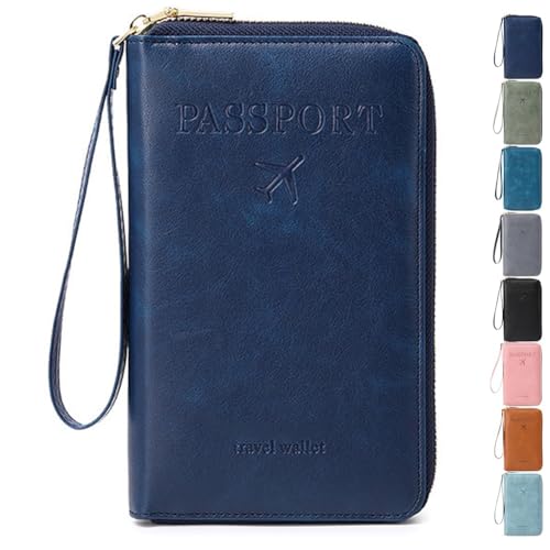 Mlthcig Rowgins RFID Passport Holder for Travel, Multi-Functional RFID Passport Wallet Women Men Anti Theft Leather Pouch Waterproof Purse with Safe Zipper for Credit Cards, Tickets(Dark Blue) von Mlthcig