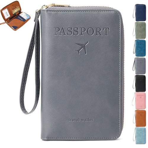 Mlthcig Rowgins RFID Passport Holder for Travel, Multi-Functional RFID Passport Wallet Women Men Anti Theft Leather Pouch Waterproof Purse with Safe Zipper for Credit Cards, Tickets(Gray) von Mlthcig