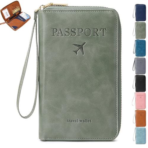 Mlthcig Rowgins RFID Passport Holder for Travel, Multi-Functional RFID Passport Wallet Women Men Anti Theft Leather Pouch Waterproof Purse with Safe Zipper for Credit Cards, Tickets(Grün) von Mlthcig