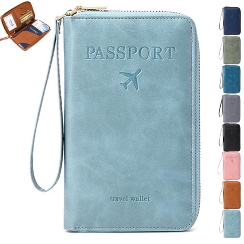 Mlthcig Rowgins RFID Passport Holder for Travel, Multi-Functional RFID Passport Wallet Women Men Anti Theft Leather Pouch Waterproof Purse with Safe Zipper for Credit Cards, Tickets(Light Blue) von Mlthcig