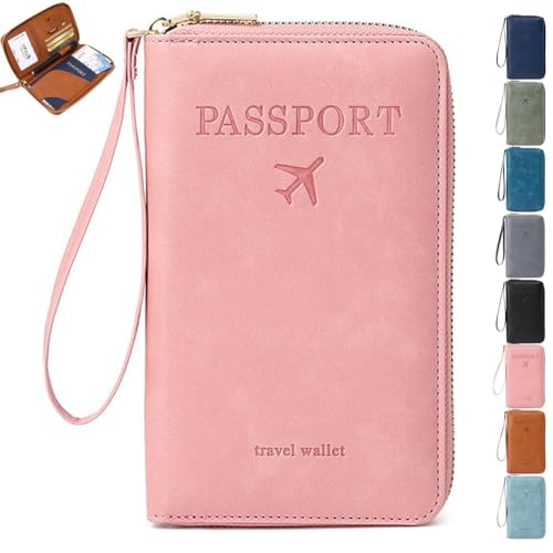 Mlthcig Rowgins RFID Passport Holder for Travel, Multi-Functional RFID Passport Wallet Women Men Anti Theft Leather Pouch Waterproof Purse with Safe Zipper for Credit Cards, Tickets(Pink) von Mlthcig
