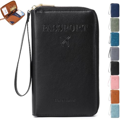 Mlthcig Rowgins RFID Passport Holder for Travel, Multi-Functional RFID Passport Wallet Women Men Anti Theft Leather Pouch Waterproof Purse with Safe Zipper for Credit Cards, Tickets(Schwarz) von Mlthcig