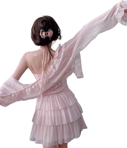 Mluvpxey Sommerkleid Elegantes süßes rosa Neckholder-Kleid, lässiges gerafftes Design, kurzes Y2k-Partykleid, schlankes 2-teiliges Kleiderset (Color : Only Blouse, Size : L) von Mluvpxey