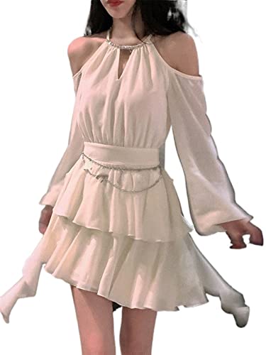 Mluvpxey Sommerkleid Fee Reine Farbe Kurzes Partykleid Y2K Mode Elegantes Minikleid Frauen Langarm Freizeitkleid (Color : White, Size : M) von Mluvpxey