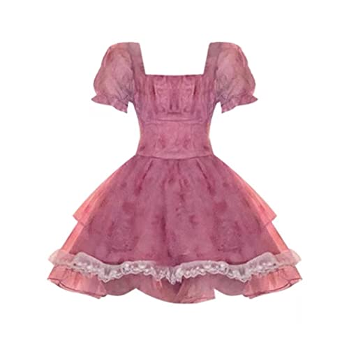 Mluvpxey Sommerkleid Rosa florales kurzes Partykleid Spitze Puff Fee Kawaii Kleidung Minikleid Mode Lolita Kleid (Color : Pink, Size : XL) von Mluvpxey