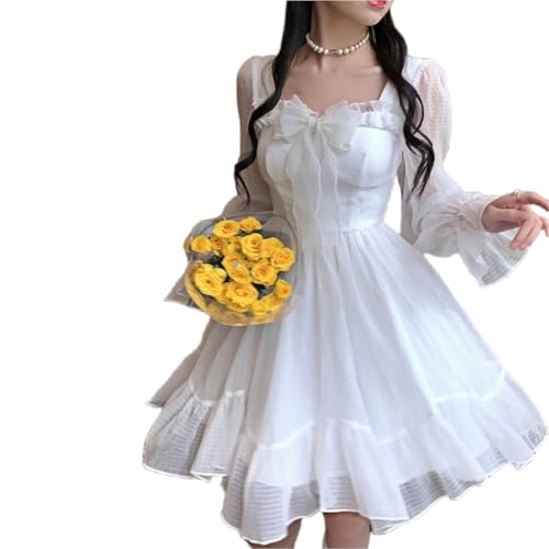 Mluvpxey Sommerkleid Weiß Kawaii Kleid Frauen Chiffon Lolita Langarm Minikleider Bogen Fee Robe Rüschen (Color : White, Size : S) von Mluvpxey