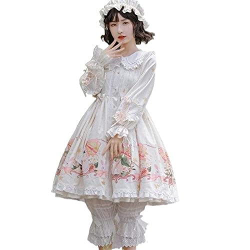 Sommerkleid Japanese Sweet Lolita Dress Soft Girl Kawaii Cartoon Print Bow Ruffles Princess Dresses (Color : Dress and hat, Size : M) von Mluvpxey