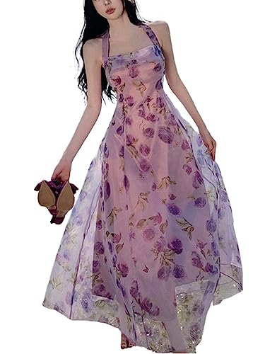 Sommerkleid Sleeveless Strap Midi Dress Summer Beach Floral Dress Women Even Party One Piece Elegant Sweet Dress (Color : Floral Dress, Size : M) von Mluvpxey