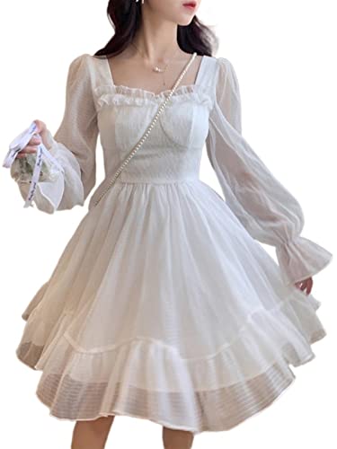 Sommerkleid White Kawaii Dress Women Chiffon Lolita Style Long Sleeve Mini Dresses Bow Fairy Ruffles Patchwork (Color : White, Size : L) von Mluvpxey