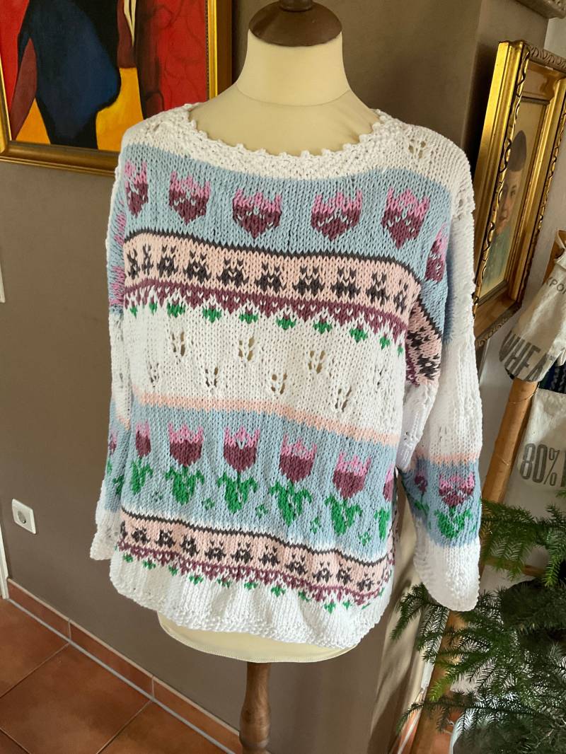 Handgestricker Baumwollpullover Retro Weiß Bunt Ca. Gr.l 40/42 Handgestricker Baumwollpullover Retro Weiß Bunt Ca. Gr.l 40/42 von MmePluesch