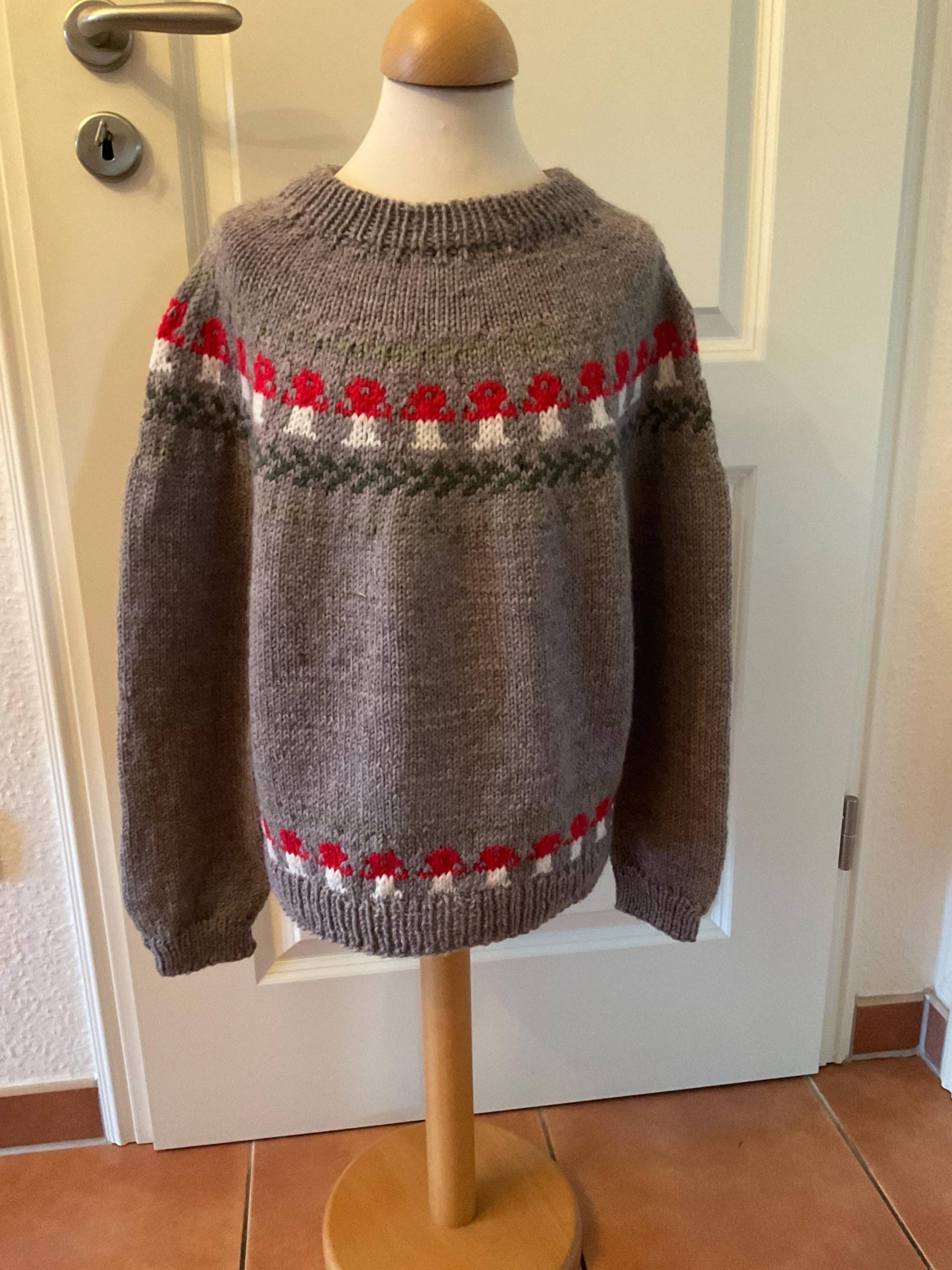 Handgestrickter Kinderpulli Glückspilz Reine Wolle Gr. Ca.9/10 Jahre 134 von MmePluesch