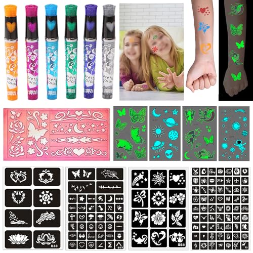 Tattoo Stifte Kinder 6 Farben, Tattoo Gelstifte Set, mit 4 Leuchttattoos Kinder Aufkleber und 5 Schablone, Tattoo Gelstifte für Jungen und Mädchen Party von Mmgoqqt