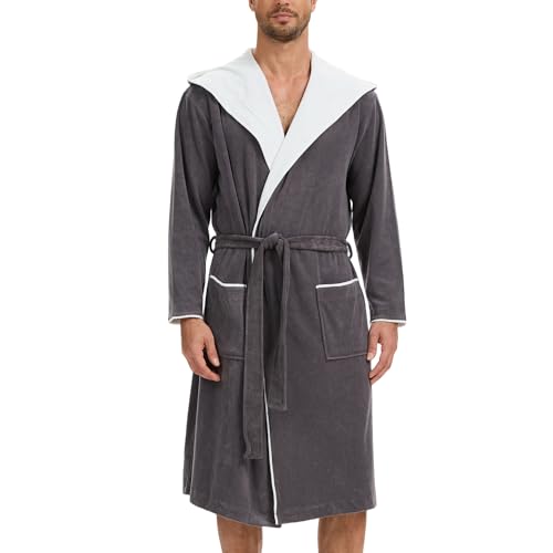 Mnamo Bademantel für Herren mit Kapuze Baumwolle Frottee Kimono Morgenmantel in mittlerer Länge Dunkelgrau-Weiß XXL von Mnamo