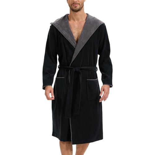 Mnamo Bademantel für Herren mit Kapuze Baumwolle Frottee Kimono Morgenmantel in mittlerer Länge Schwarz-Grau M von Mnamo