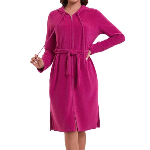 Mnamo Damen Kapuze Bademantel Reißverschluss Frottee mit Gürtel Weicher Mikrofaser Langarm Bademantel Ideal für Zuhause und Wellness Beererot S von Mnamo