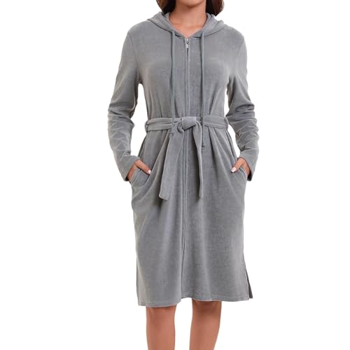Mnamo Damen Kapuze Bademantel Reißverschluss Frottee mit Gürtel Weicher Mikrofaser Langarm Bademantel Ideal für Zuhause und Wellness Grau M von Mnamo
