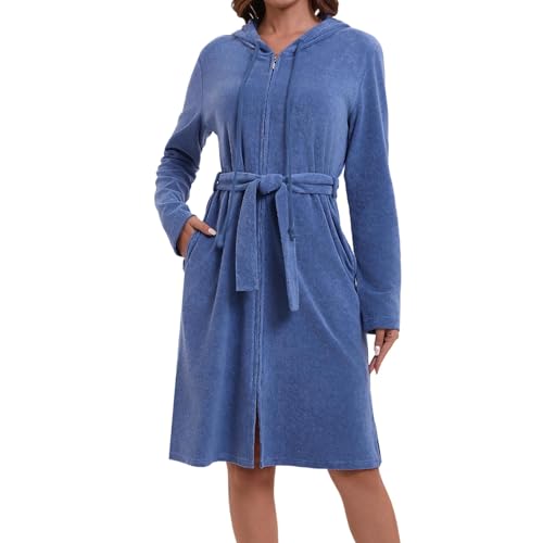 Mnamo Damen Kapuze Bademantel Reißverschluss Frottee mit Gürtel Weicher Mikrofaser Langarm Bademantel Ideal für Zuhause und Wellness Jeansblau XXL von Mnamo