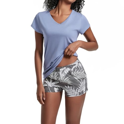 Mnamo Damen Schlafanzug V-Ausschnitt Kurzarm Shorts 50% Baumwolle 50% Modal Komfort Atmungsaktiv Tropisches Blättermuster Blaugrau XL von Mnamo