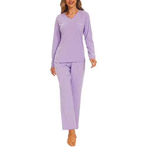 Mnamo Damen Schlafanzug Weich Gestricktes Pyjama Set V-Ausschnitt Lila mit Tupfendesign 2 Stück Slim Fit Gemütliche Nachtwäsche 100% Baumwolle Weiße Einsätze Atmungsaktives Gewebe von Mnamo