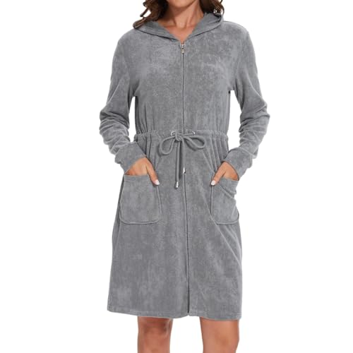 Mnamo Eleganter Damen Bademantel mit Kapuze und Reißverschluss aus Frottee Kurz und Leicht Grau von Mnamo