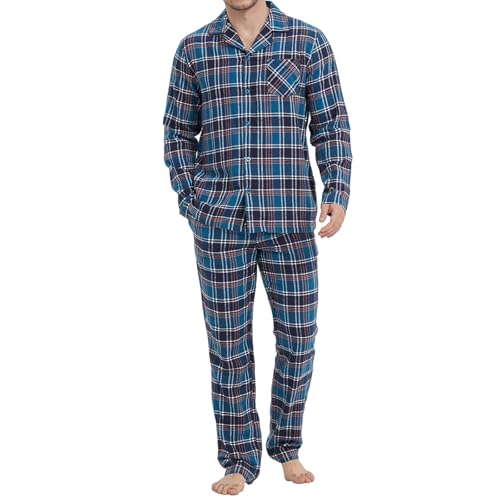 Mnamo Herren Pyjama Set 100% Baumwolle Herren Flanell Schlafanzug Kariert Lang Pyjama mit Tasche von Mnamo