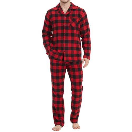 Mnamo Herren Pyjama Set 100% Baumwolle Herren Flanell Schlafanzug Kariert Lang Pyjama mit Tasche von Mnamo
