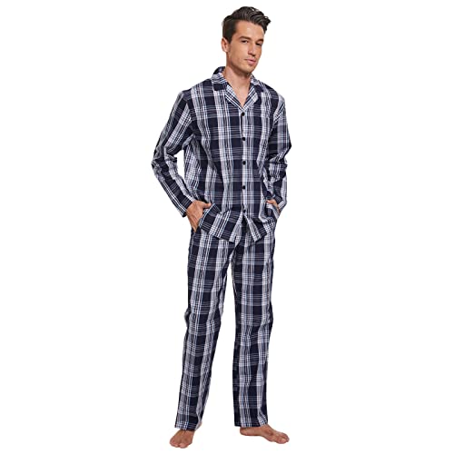 Mnamo Herren Pyjama Set 100% Baumwolle Herren Schlafanzug kariert Lang Pyjama mit Tasche (Schwarzblau Plaid, S) von Mnamo