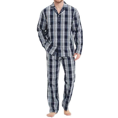 Mnamo Herren Pyjama Set 100% Baumwolle Herren Schlafanzug kariert Lang Pyjama mit Tasche (Schwarzblau Plaid, M) von Mnamo