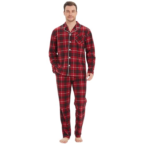 Mnamo Herrren Karomuster Schlafanzug Pyjama Set Langarm Rot Schwarz Weiche Nachtwäsche Bequemer 2 Stück XXL von Mnamo