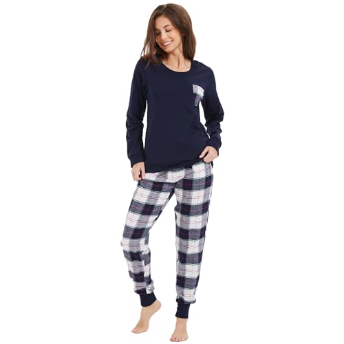 Mnamo Schlafanzug Damen 100% Baumwolle Bequemer Pyjama Damen Baumwolle mit Karomuster Tasche von Mnamo