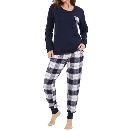 Mnamo Schlafanzug Damen 100% Baumwolle Bequemer Pyjama Damen Baumwolle mit Karomuster Tasche von Mnamo
