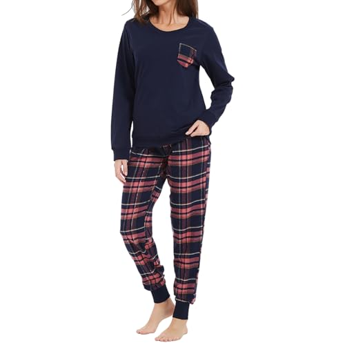 Mnamo Schlafanzug Damen 100% Baumwolle Bequemer Pyjama Damen Baumwolle mit Karomuster Tasche Stil-blaues Pulver mit Golddraht Gr.L von Mnamo