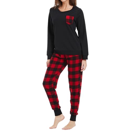 Mnamo Schlafanzug Damen 100% Baumwolle Bequemer Pyjama Damen Baumwolle mit Karomuster Tasche Stil-rotes und Schwarzes Gitter Gr.L von Mnamo