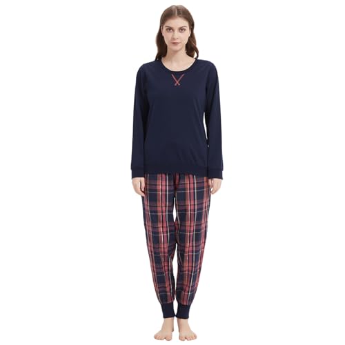 Mnemo Damen Dünner Einfarbiger und Kariertes Schlafanzug 100% Baumwolle Langarm Lange Hose Damen Pyjama Blau-Pinkes Karomuster M von Mnemo