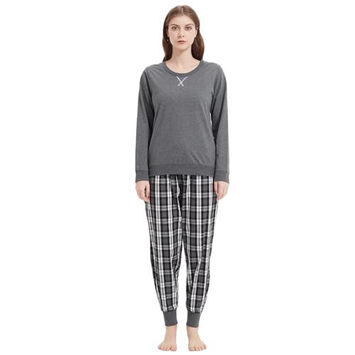 Mnemo Damen Dünner Einfarbiger und Kariertes Schlafanzug 100% Baumwolle Langarm Lange Hose Damen Pyjama Schwarz-Weiß-Graues Karomuster XL von Mnemo