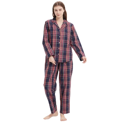 Mnemo Damen Dünner Karierter Schlafanzug 100% Baumwolle Langarm Lange Hose Damen Pyjama Blau-Pinkes Karomuster Blau-Pinkes Karomuster L von Mnemo