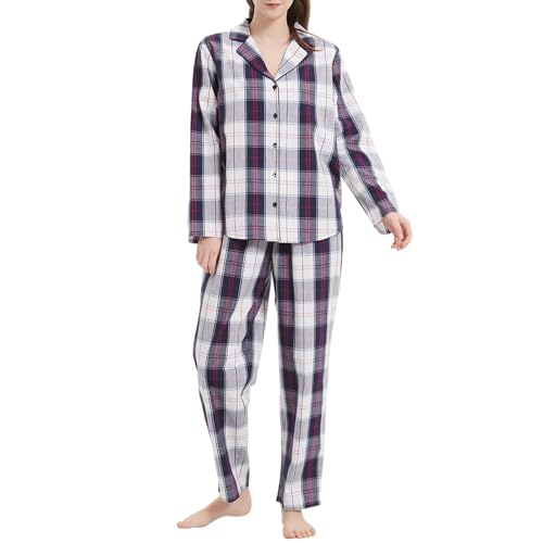 Mnemo Damen Dünner Karierter Schlafanzug 100% Baumwolle Langarm Lange Hose Damen Pyjama Blau-Weißes Karomuster L von Mnemo